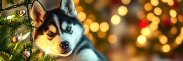 Cute husky puppy beside a decorated Christmas tree in a cozy indoor setting adorned with warm lights photo