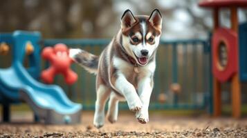 Playful puppy running joyfully in a colorful playground during a sunny day photo