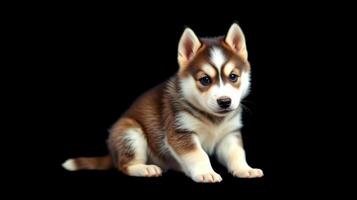 Cute husky puppy sitting against a dark background, showcasing its playful personality and striking coat patterns photo