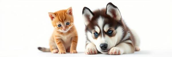 Cute kitten and playful puppy posing together on white background in a bright and cheerful setting photo