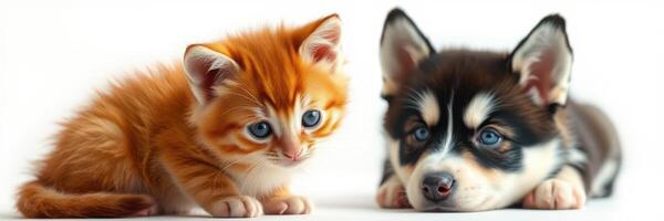 Playful kitten and puppy together on a white background in a cozy indoor setting capturing their adorable interactions photo