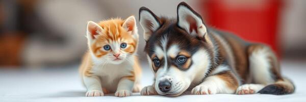 Playful kitten and puppy resting together indoors in cozy home environment photo