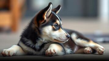 Cute husky puppy resting indoors with a curious expression in a cozy environment photo