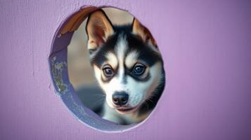 Cute dog peeking through a circular hole in a colorful wall on a sunny day photo