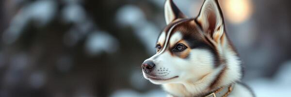 Beautiful husky dog in winter landscape with snow-covered trees during golden hour photo