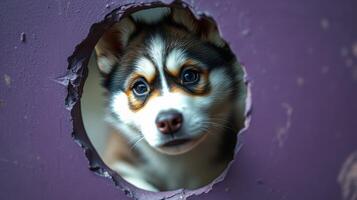 Curious puppy peeking through a hole in a purple wall during an indoor playful moment photo