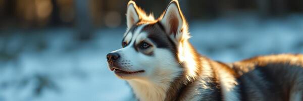 Siberian Husky exploring a snowy forest in the early morning light photo