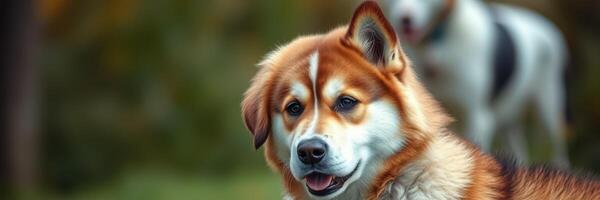 Close-up of a friendly dog in a green park with another dog in the background enjoying a sunny day outdoors photo