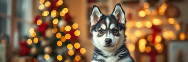 Happy dog in front of a beautifully decorated Christmas tree with glowing lights photo