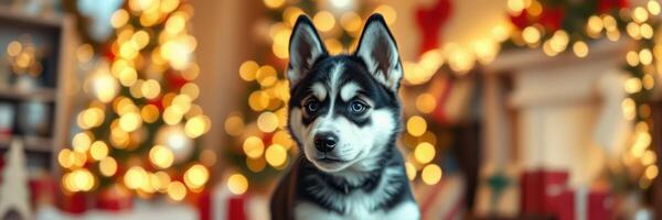 Siberian husky puppy sits in holiday-themed living room decorated with Christmas trees and lights photo