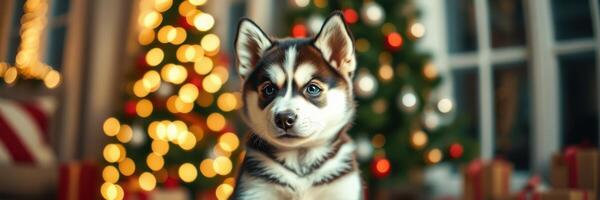 Cute husky puppy posing in front of decorated Christmas tree with colorful lights and gifts at home photo