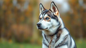 Husky dog standing in a park with autumn foliage in the background during a sunny day photo