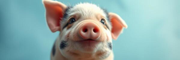 Happy piglet with unique markings gazes curiously at the camera on a bright blue background photo