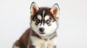 Siberian husky puppy with blue eyes sitting against a plain background photo