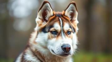 Beautiful husky dog posing in a forest during a sunny afternoon in autumn, showcasing striking blue eyes and unique fur patterns photo
