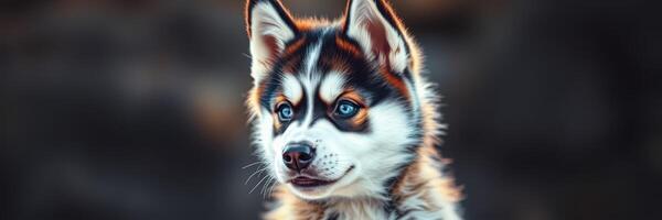 Cute husky puppy with striking blue eyes staring curiously at the camera during a sunny outdoor afternoon photo
