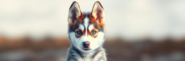 Cute husky puppy with striking blue eyes standing outdoors in a snowy landscape on a bright winter day photo