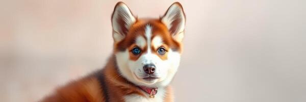 Brown and white puppy with blue eyes sitting calmly on a soft background during the afternoon light photo