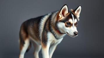 Husky puppy exploring a studio setting with curiosity and playful demeanor in soft lighting photo
