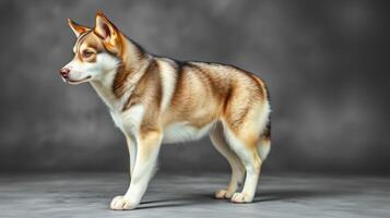 Beautiful husky dog standing elegantly against a soft gray backdrop showcasing detailed fur pattern and features photo