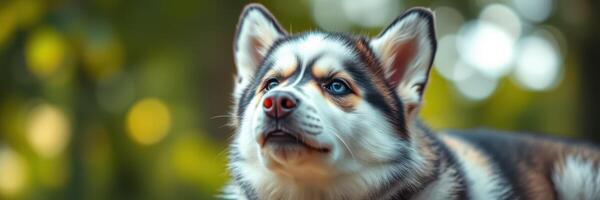 Happy husky exploring a lush forest in bright sunlight during an afternoon photo