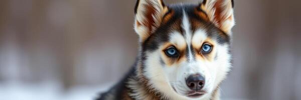 Beautiful Siberian Husky puppy with striking blue eyes enjoys a snowy landscape in winter photo