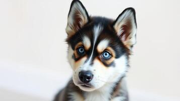 Siberian husky puppy posing indoors with bright blue eyes and distinct markings in a cozy environment photo