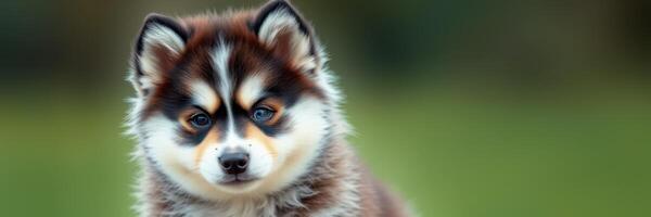 Cute fluffy puppy with striking markings poses for attention in a green outdoor setting during the daytime photo