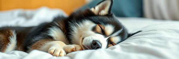 Cute dog peacefully sleeping on a cozy bed during a lazy afternoon at home photo