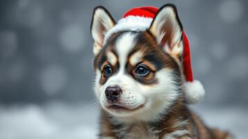Cute dog wearing a festive red and white Christmas hat against a soft, blurred background with snowflakes in winter season photo