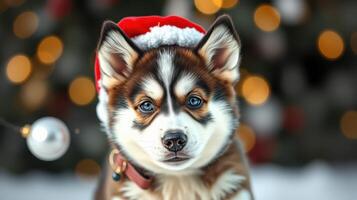Cute dog wearing Santa hat poses in front of a decorated Christmas tree with warm lights during the holiday season photo