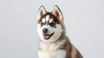Happy husky puppy sitting against a neutral background with a joyful expression and playful demeanor photo