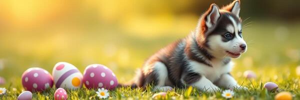 Playful husky puppy surrounded by colorful Easter eggs on a sunny spring day photo