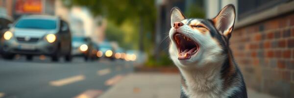 Dog yawning on a city street during a sunny day with vehicles passing by in the background photo
