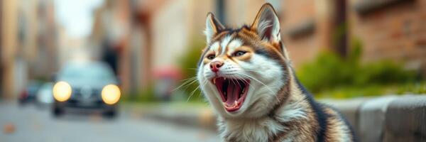 Large cat yawning on the street during daylight with a passing car in the background photo