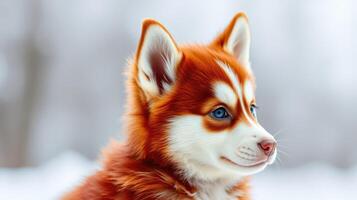 Playful red-haired husky puppy looking curiously in a snowy landscape during a bright winter day photo