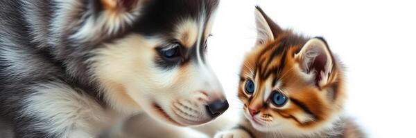 Cute puppy and kitten share a playful moment indoors in a cozy atmosphere photo