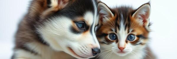 Cute puppy and kitten cuddling together indoors, showcasing their bond and adorable features during sunny afternoon photo