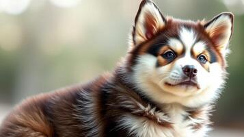 Cute fluffy dog sits outdoors in soft sunlight, showcasing distinctive fur patterns and bright eyes photo