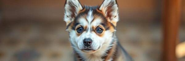 Playful young corgi puppy sitting indoors in soft lighting, showcasing a curious expression and fluffy fur texture photo