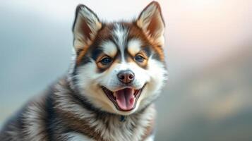 Happy fluffy dog with a playful demeanor enjoying time outdoors in a beautiful natural setting during the golden hour photo