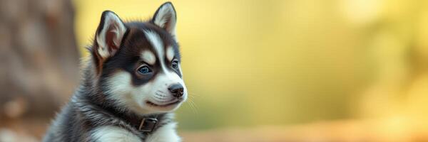 Cute husky puppy enjoying a sunny day in a park with a blurred natural background photo