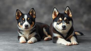 Two adorable corgi puppies resting together on a textured gray background in a cozy indoor setting during daylight photo