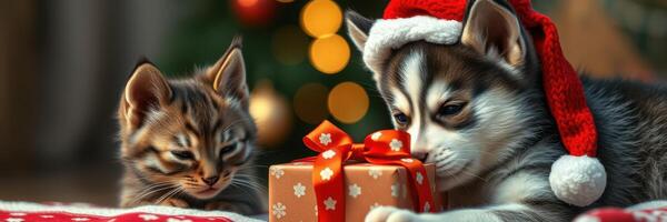 Cute puppy and kitten celebrating winter holidays while unwrapping a present decorated with a ribbon photo