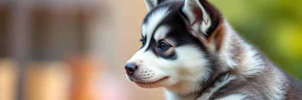 Adorable husky puppy sitting outdoors while enjoying a sunny day photo