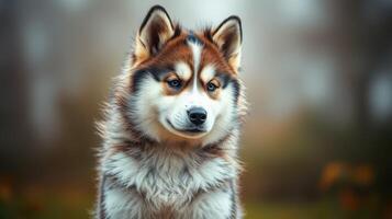 Beautiful husky dog poses in a misty forest during early morning light with soft focus background photo