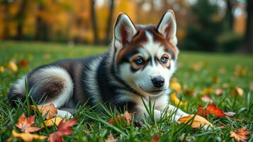 Cute husky puppy resting on colorful autumn leaves in a park during a sunny afternoon photo