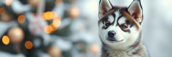 Cute husky puppy with striking features posing near a decorated winter tree during the holiday season photo