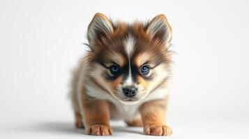 Cute puppy with distinctive fur pattern standing on a neutral background in a well-lit setting photo