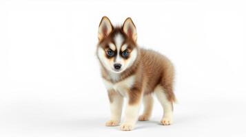 Cute brown and white puppy standing on a plain background, showcasing its fluffy fur and playful demeanor photo